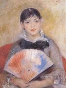 Pierre Auguste Renoir girl witb a f an oil painting on canvas